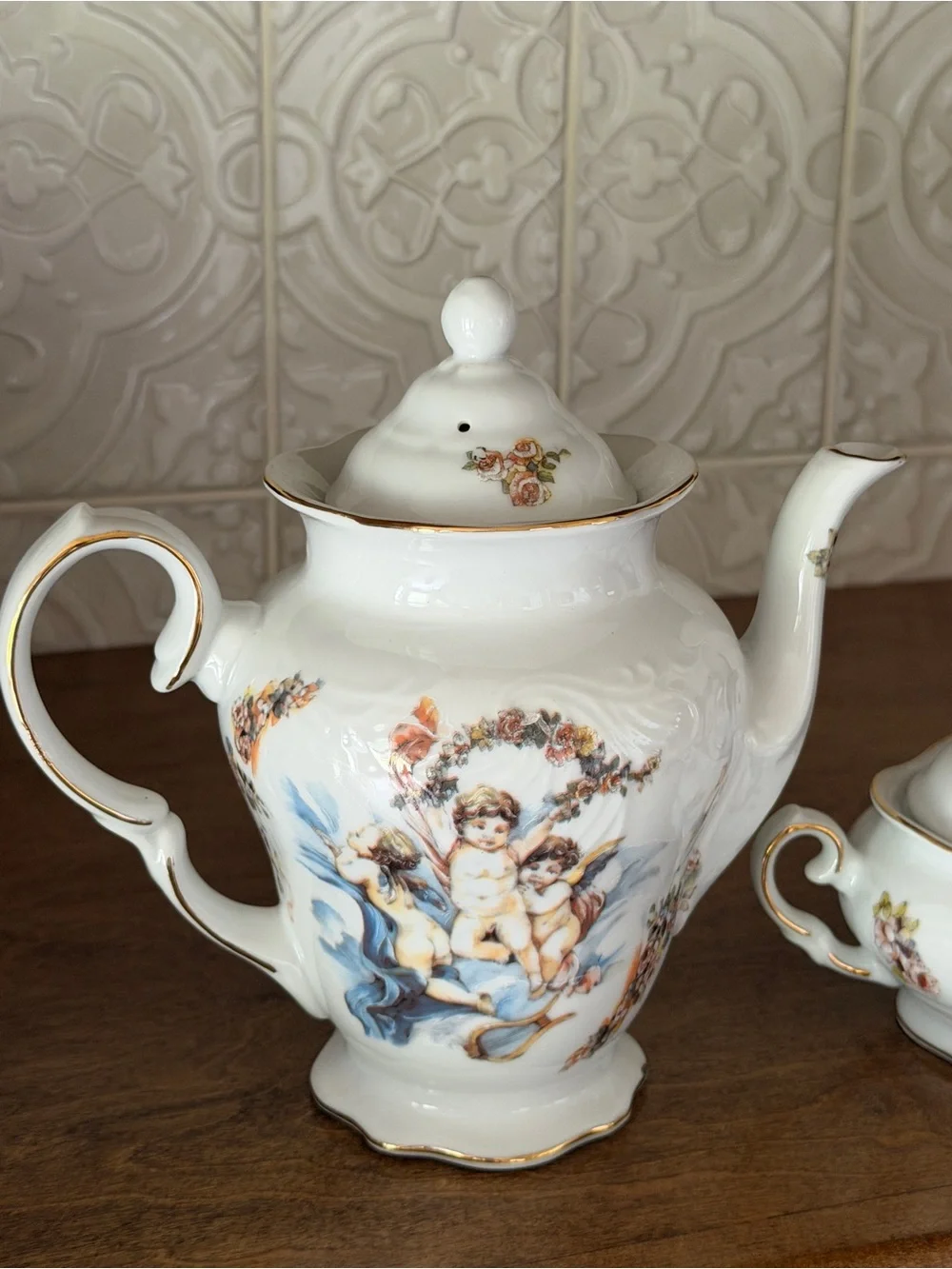 Porcelain Cherub Tea Set - White with Gold Trim